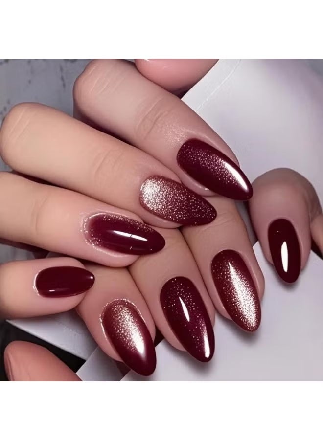 HTKCRX Burgundy Gold Glitter Press On Nails | Luxury Gradient Mirror Shine | Eco-Friendly ABS Nail Kit | Quick Apply in One Minute | Waterproof, Durable, and Reusable | Natural Fit and Damage-Free Removal - Image 1